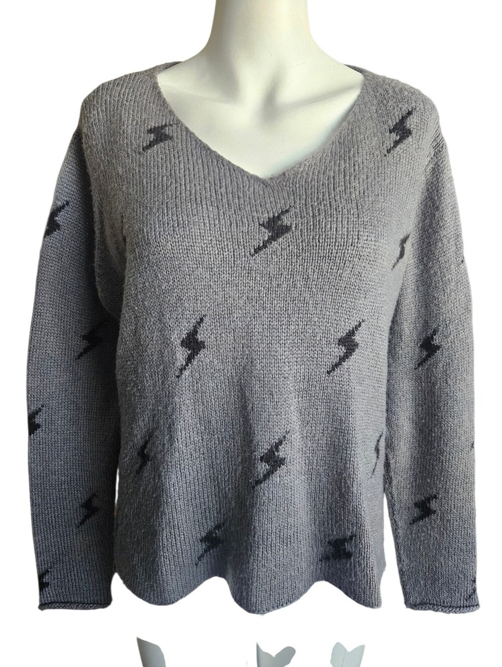 Wooden‎ Ships Gray Black Lightning Bolt Mohair Blend V-neck Sweater XS/S